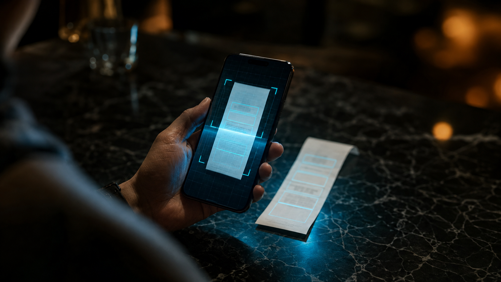 Cámara de un móvil escaneando un ticket de restaurante con recuadros de detección