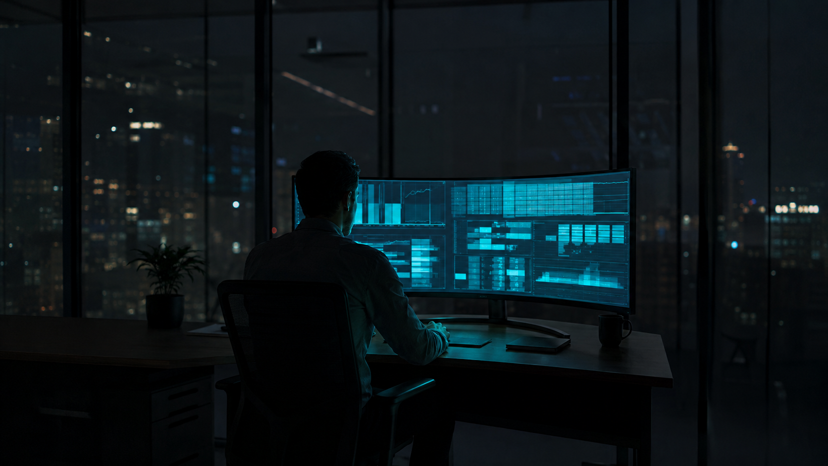 Responsable financiero revisando datos abstractos en un monitor grande