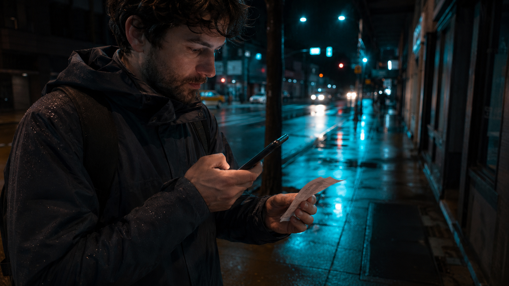 Freelance fotografiando un ticket de café sobre la marcha