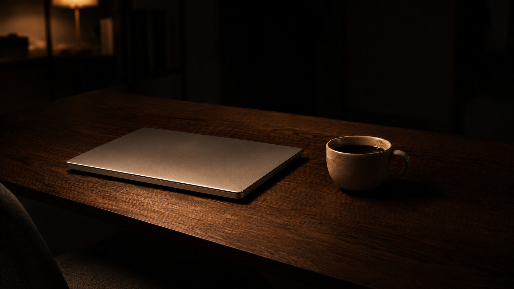 Escritorio limpio y vacío, solo con un portátil y un café