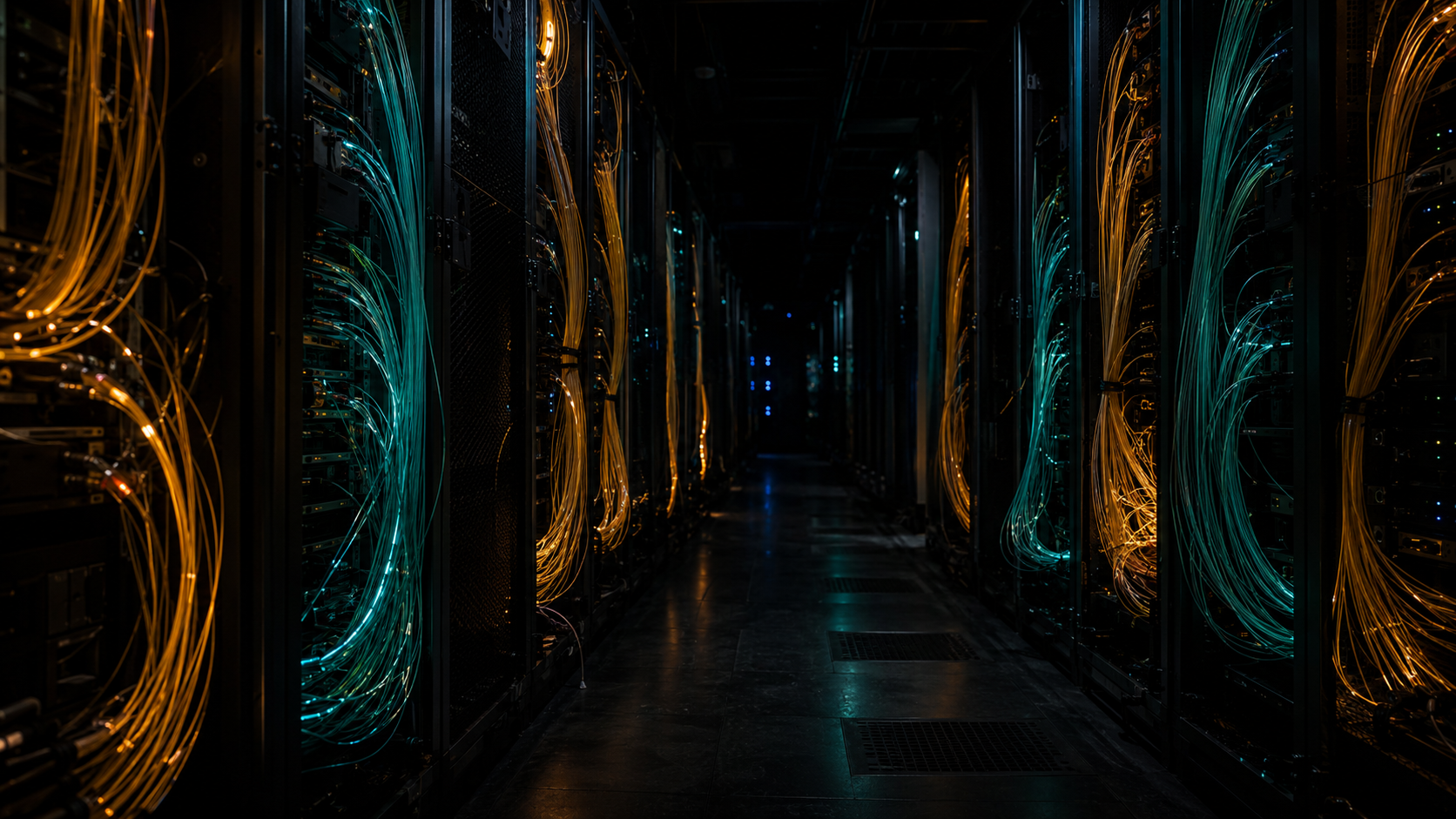 Rack de servidores con cables de fibra óptica brillantes