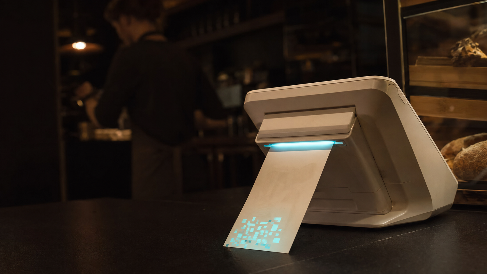 TPV moderno imprimiendo un ticket con un código QR prominente