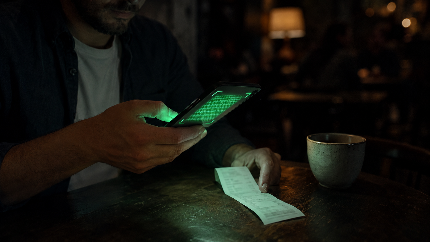 Persona sosteniendo un smartphone sobre un ticket de cafetería