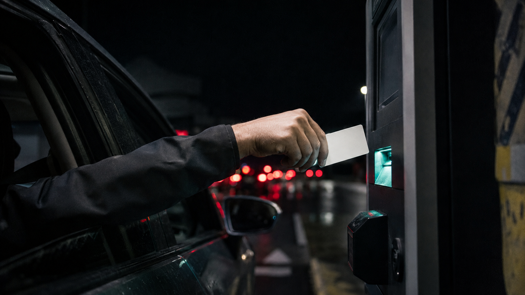 Conductor en un peaje entregando una tarjeta
