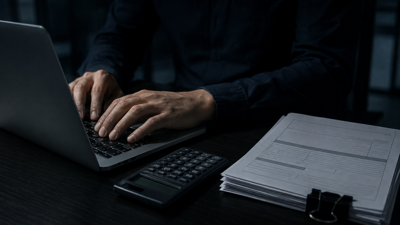 Manos escribiendo en un portátil junto a una calculadora y facturas impresas