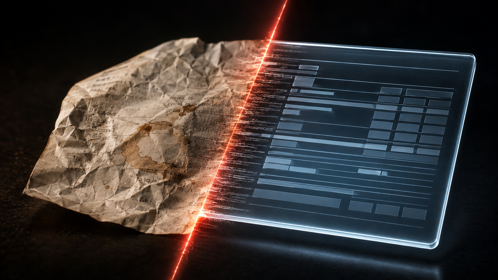 Composición dividida: ticket desordenado transformándose en bloques de datos limpios